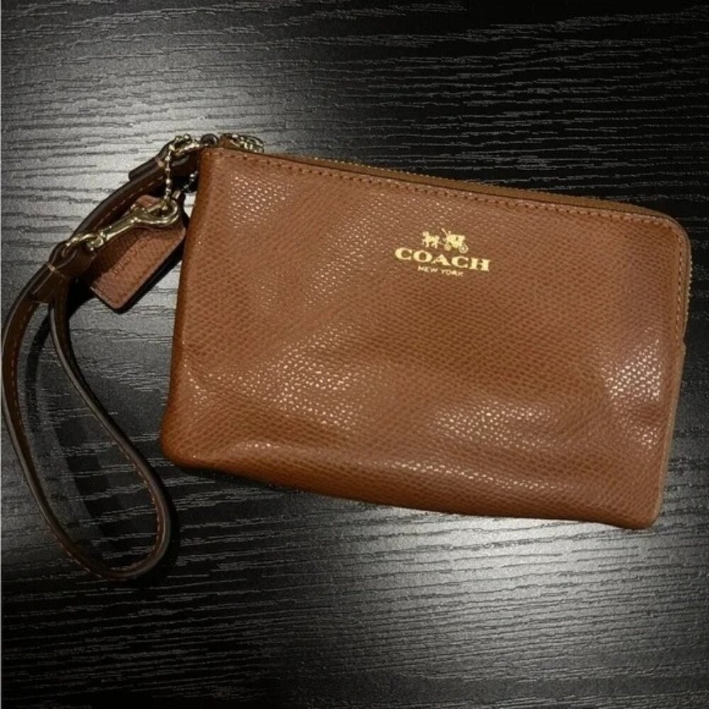 Coach Brown Leather Wristlet Wallet Coin Purse Clutch Large